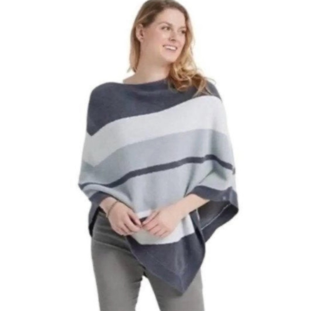 NWT Barefoot Dreams Cozy Chic Ocean Breeze Blue Striped Poncho Sweater OS